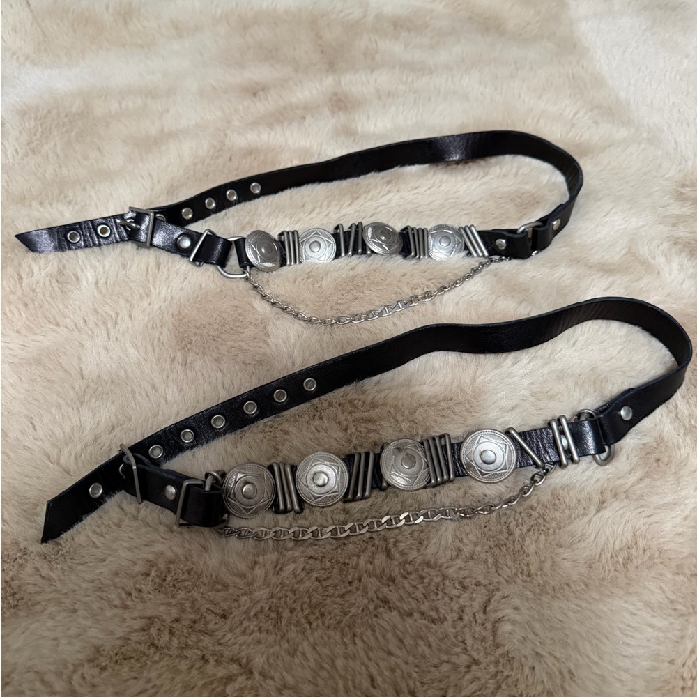 Vintage Black Leather & Silver Accents Boot Straps Chains